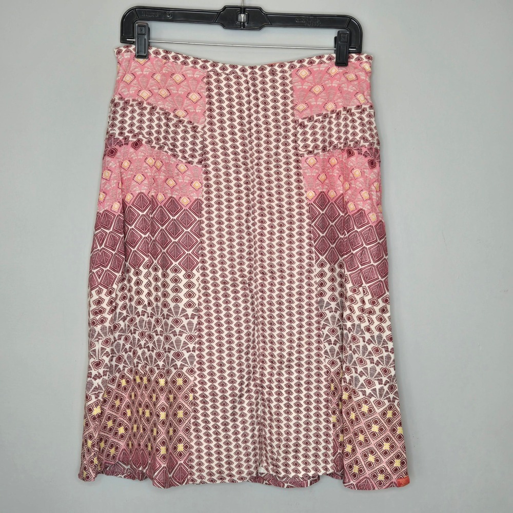 Prana Pink Geometric Diamond patchwork A-Line Midi Skirt Womens Size 4 Boho